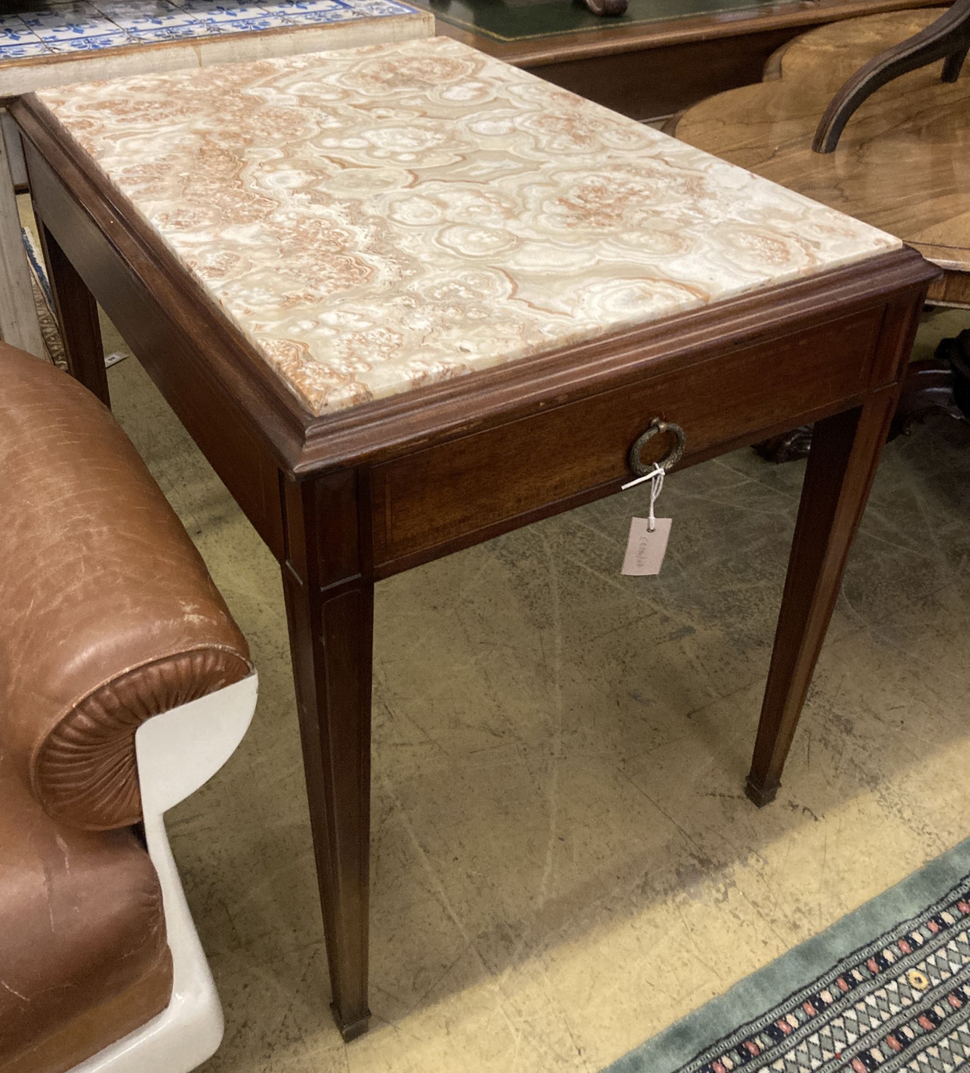 An early 20th century Continental marble top centre table, width 92cm depth 64cm height 76cm